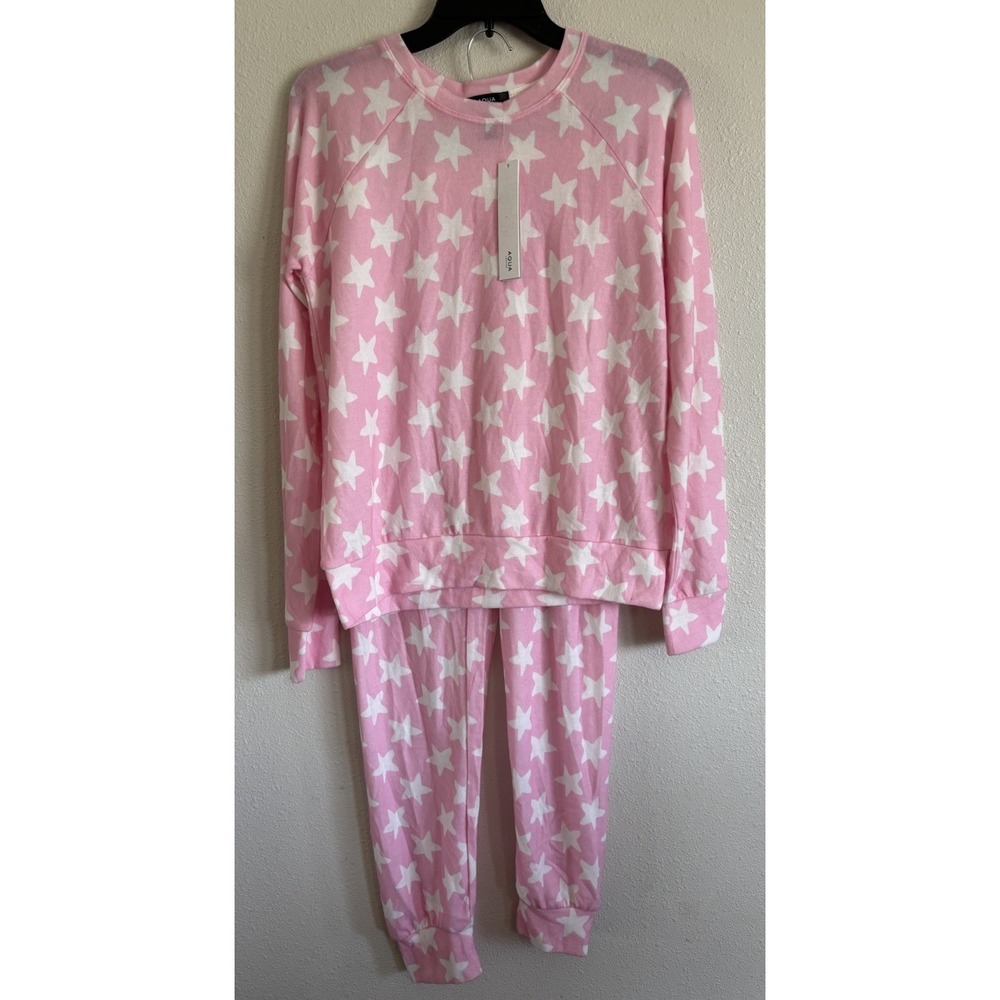 Aqua Lounge Pink White Star Print Pajama Set XS NWT Soft Loungewear